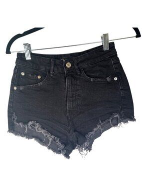 2/$30 ZARA Small Black High-Waisted 2 Distressed Denim Shorts Cotton Blend